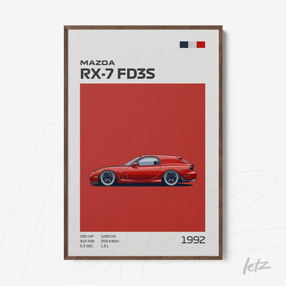 framed art featuring a sleek illustration of the Mazda RX-7 FD3S on a bold red background with dark wood frame