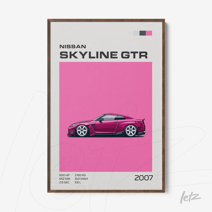 framed art featuring the Nissan Skyline GTR illustration on a vibrant pink background with brown frame
