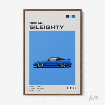 digital artwork of a nissan sileighty car on blue background with dark wooden frame
