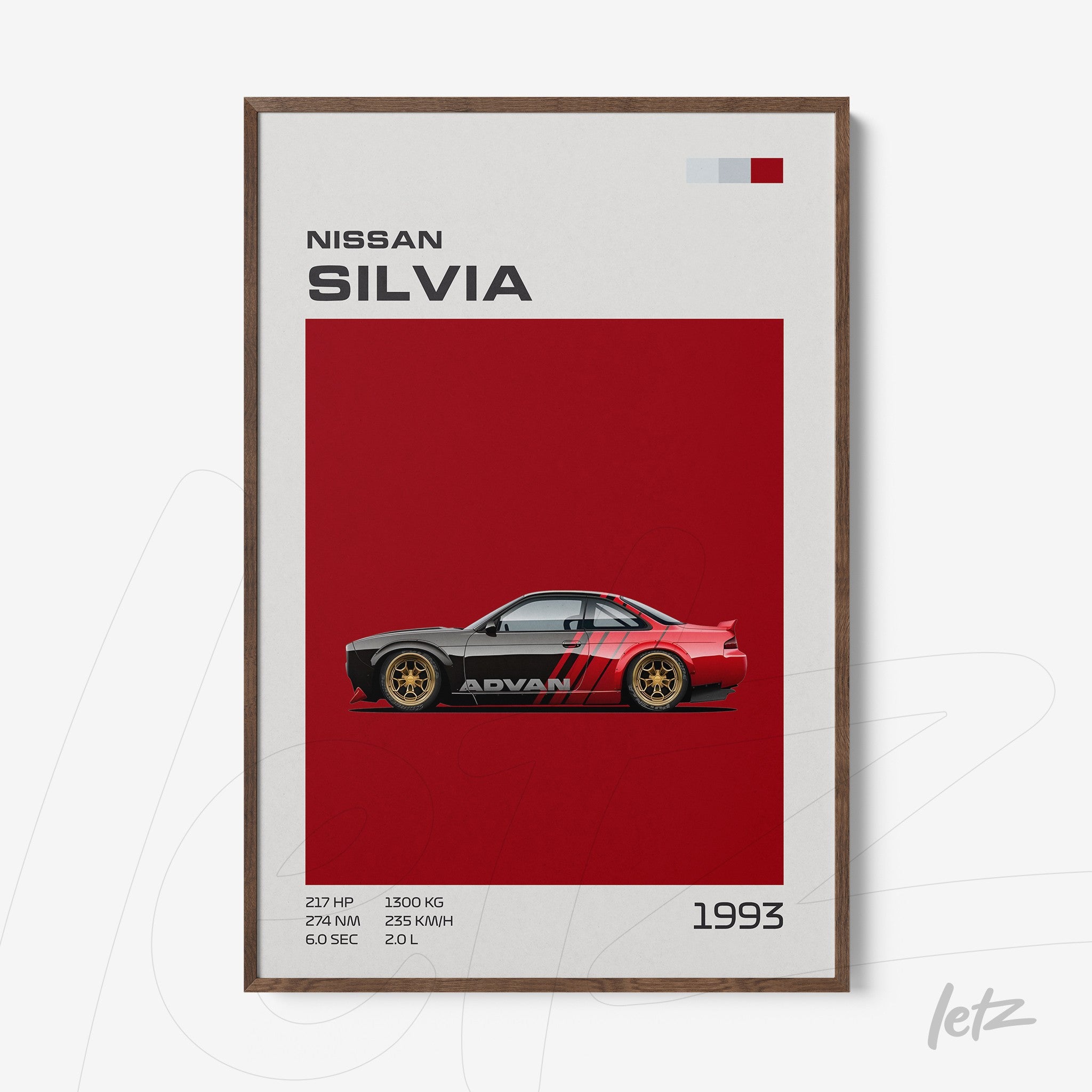 framed wall art featuring a digital illustration of the Nissan Silvia on a red background with white accents and dark wood frame