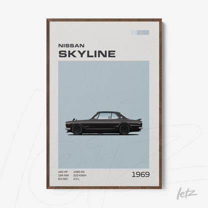 minimalist framed art featuring the 1969 Nissan Skyline car with dark wood frame