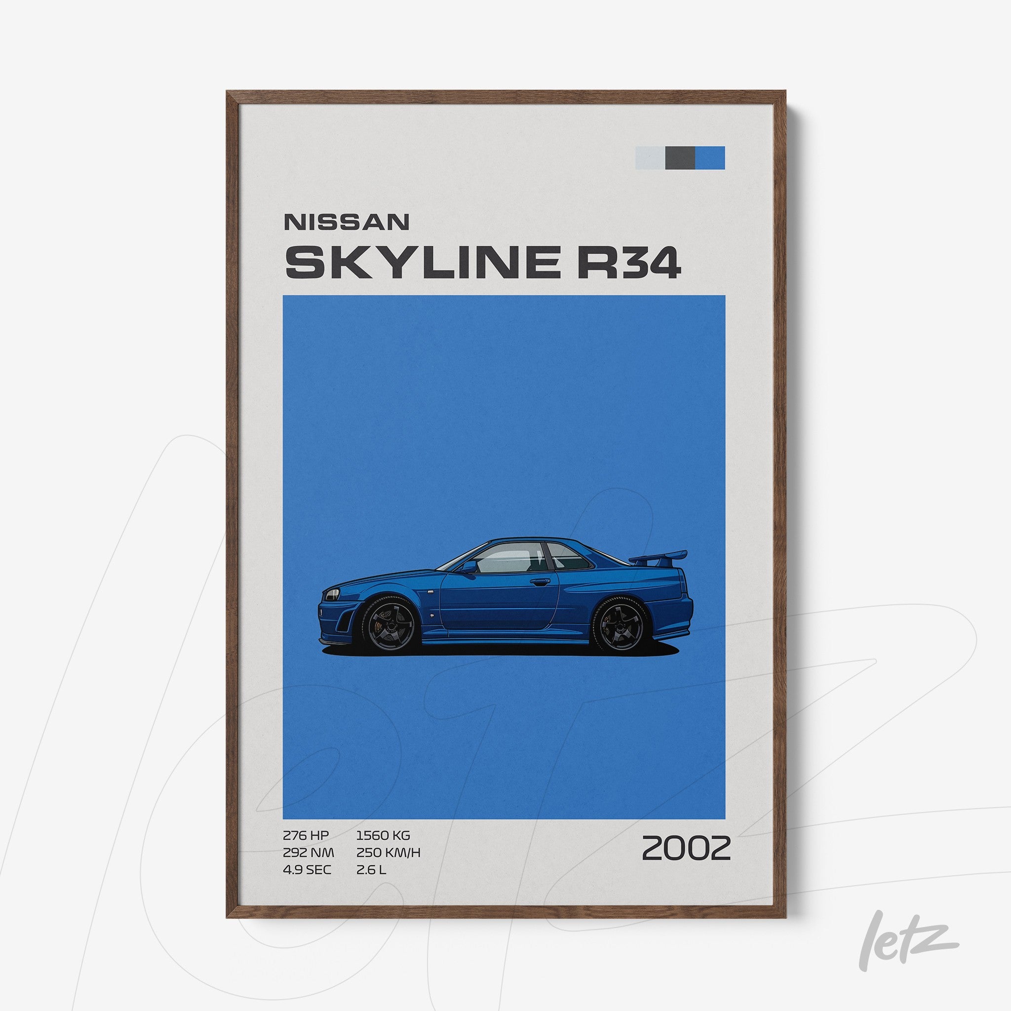 framed wall art featuring a digital illustration of Nissan Skyline R34 on blue background with dark wood frame