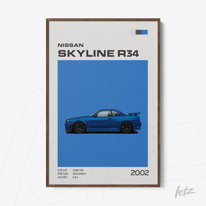 framed wall art featuring a digital illustration of Nissan Skyline R34 on blue background with dark wood frame