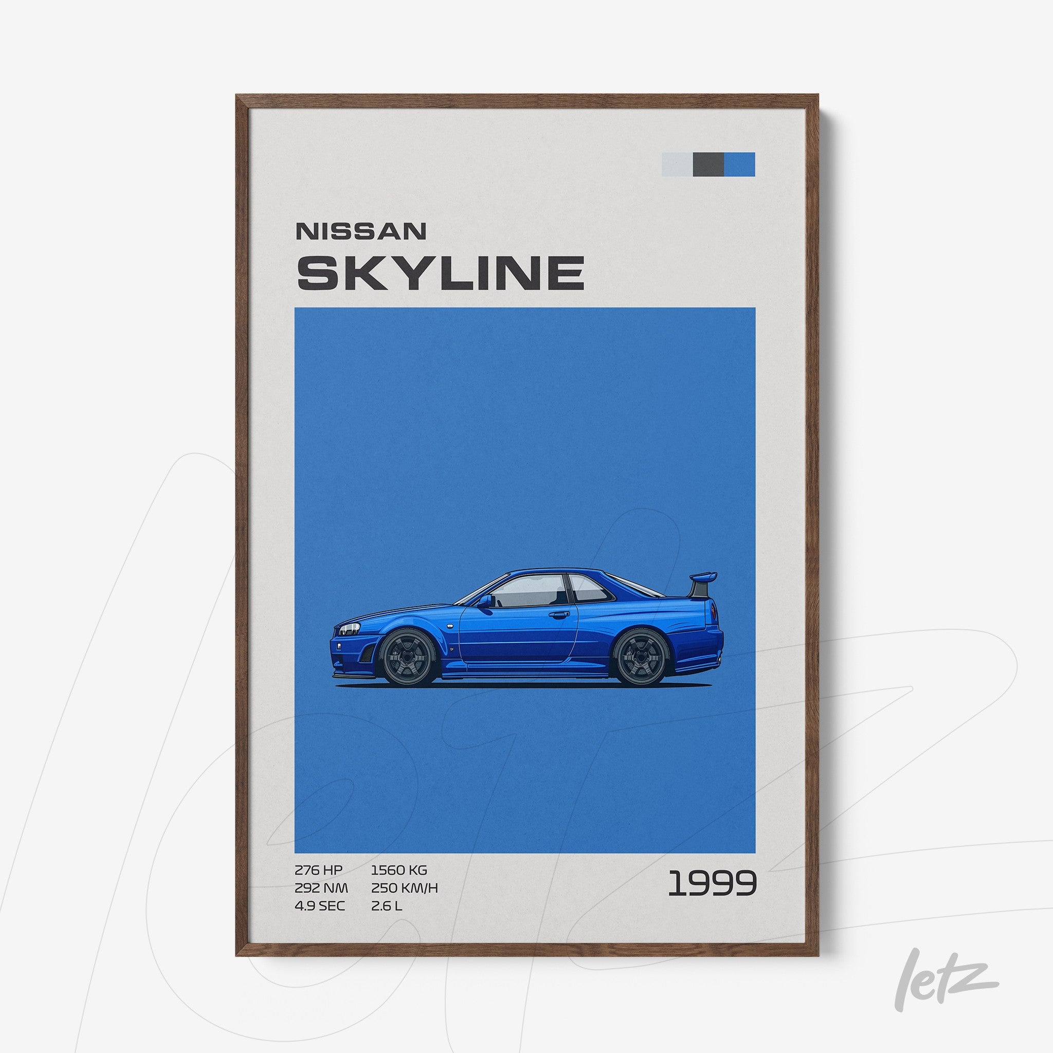 framed wall art featuring a digital illustration of a 1999 Nissan Skyline on a blue background with a dark wood frame