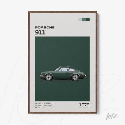 framed digital artwork of a green Porsche 911 car against a neutral background with dark wood frame