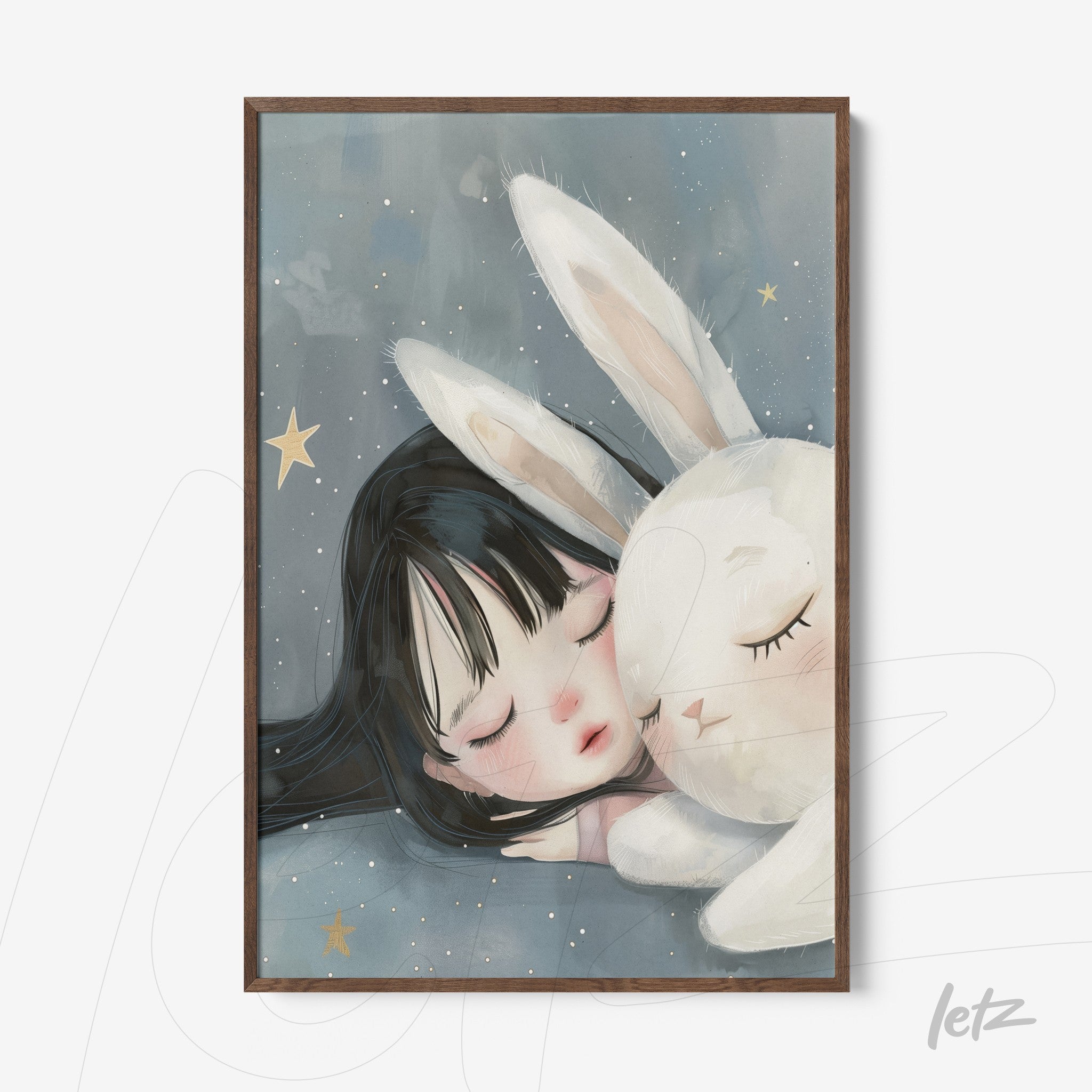 framed children's art of a girl sleeping next to a bunny in dark wood frame with blue background and stars