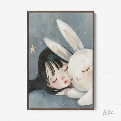 framed children's art of a girl sleeping next to a bunny in dark wood frame with blue background and stars