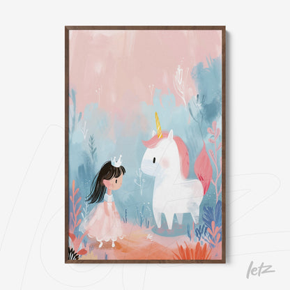 framed wall art featuring a child in a pink dress and crown beside a white unicorn with a pink mane in a soft pastel landscape