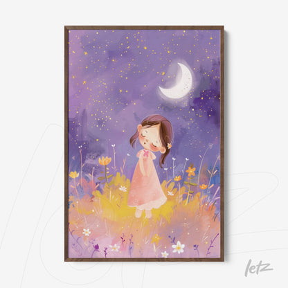 framed artwork of a girl in a pink dress standing amidst flowers under a starry sky with a crescent moon