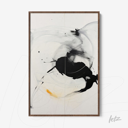 abstract wall art with black and yellow brush strokes in light wood frame