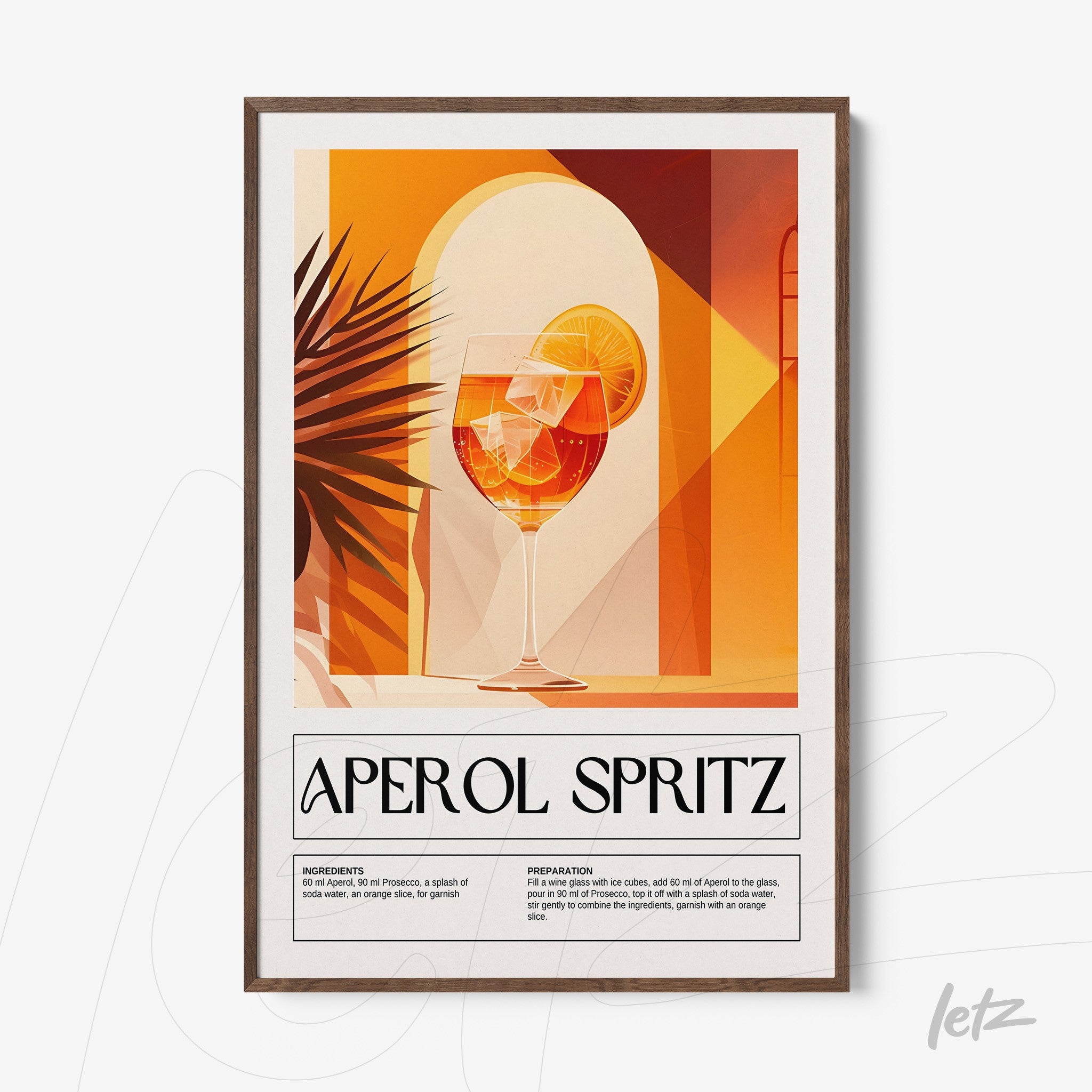 framed wall art featuring a cocktail illustration of aperol spritz against a soft orange background, surrounded by tropical elements and shadows