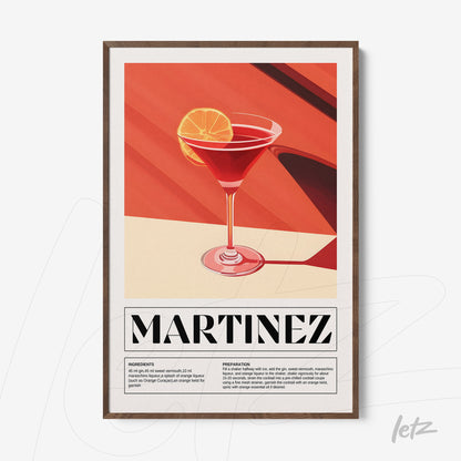 framed art of a stylized martinez cocktail against a red and orange background with wooden frame