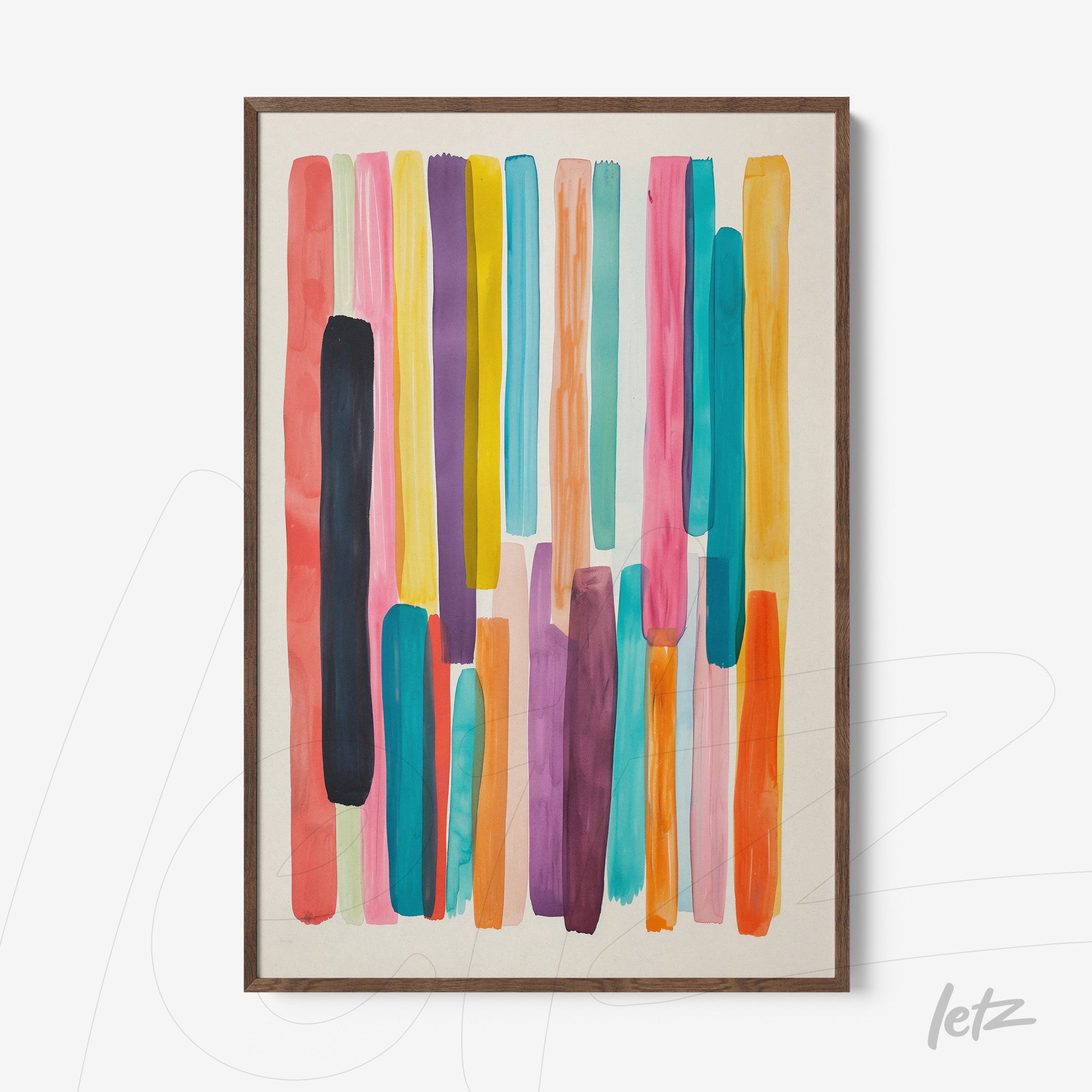 framed abstract art print featuring colorful vertical stripes with dark wood frame