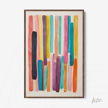 framed abstract art print featuring colorful vertical stripes with dark wood frame
