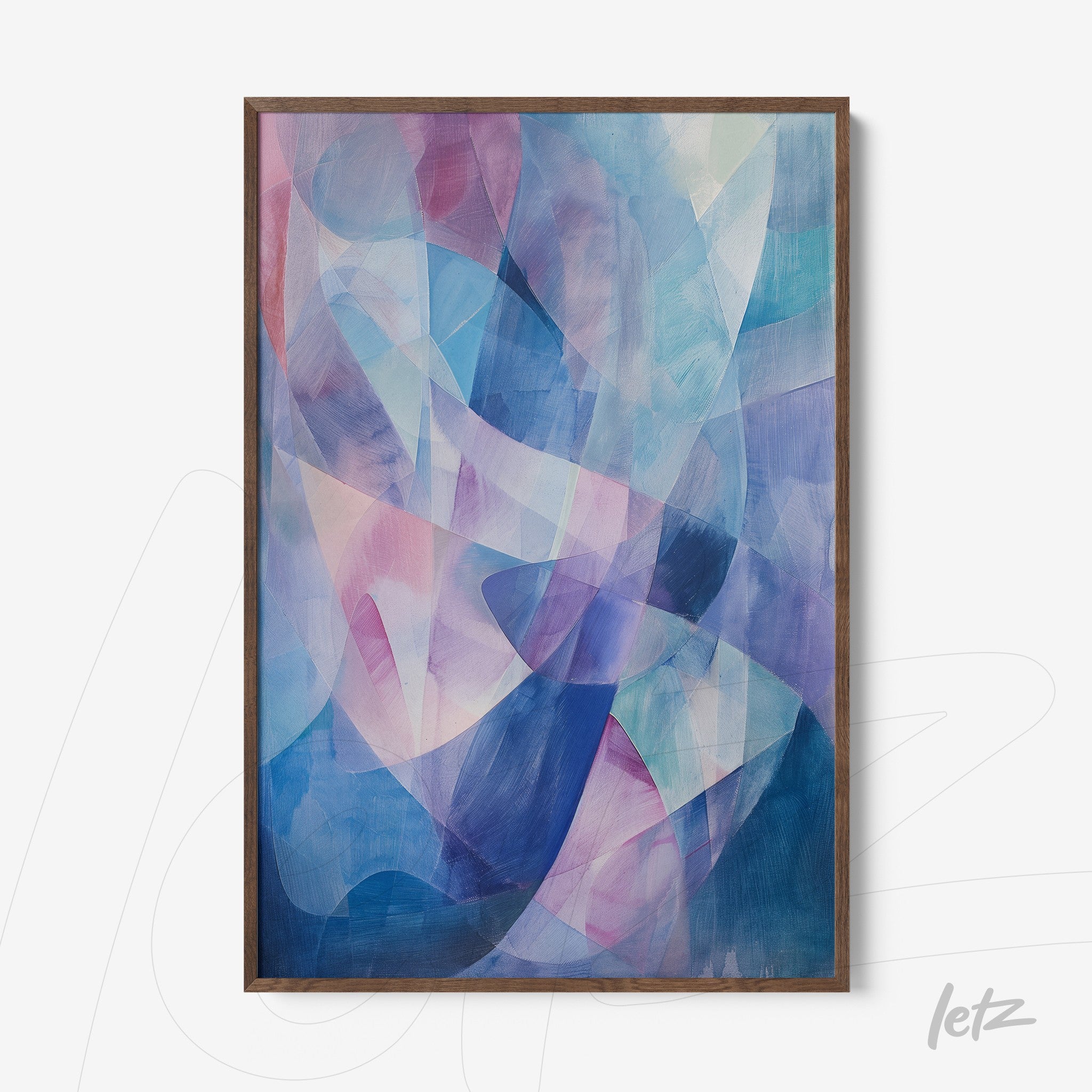 framed abstract art piece in shades of blue, pink, and lavender with dark wood frame