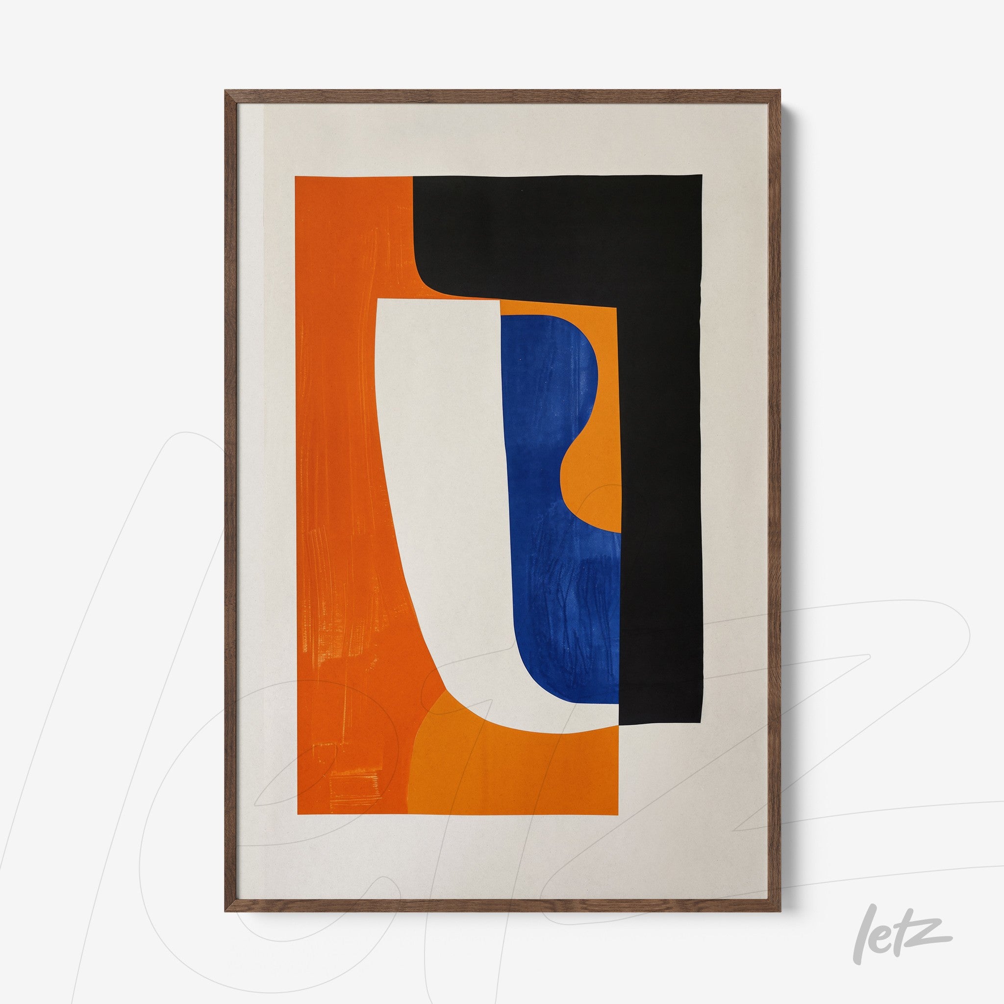 modern framed wall art with abstract geometric shapes in orange, blue, and black on a light background