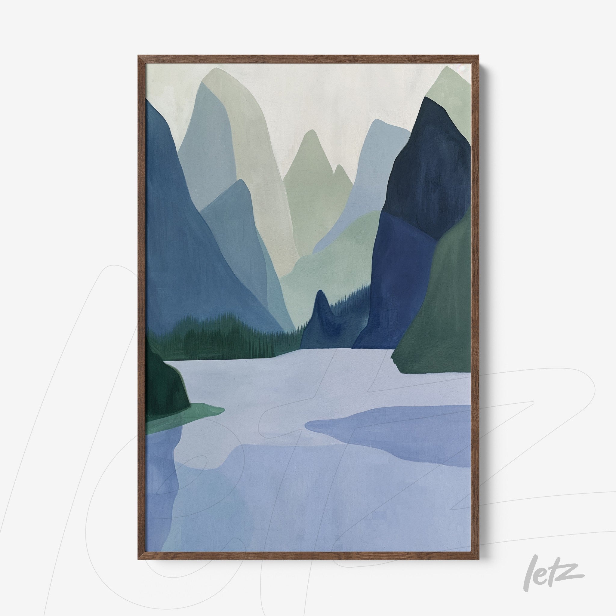 framed wall art featuring a serene mountainous landscape in soft shades of green and blue with dark wood frame
