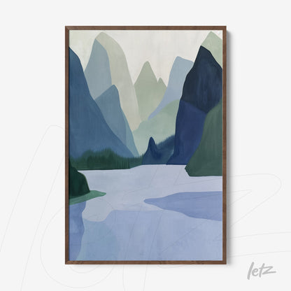 framed wall art featuring a serene mountainous landscape in soft shades of green and blue with dark wood frame