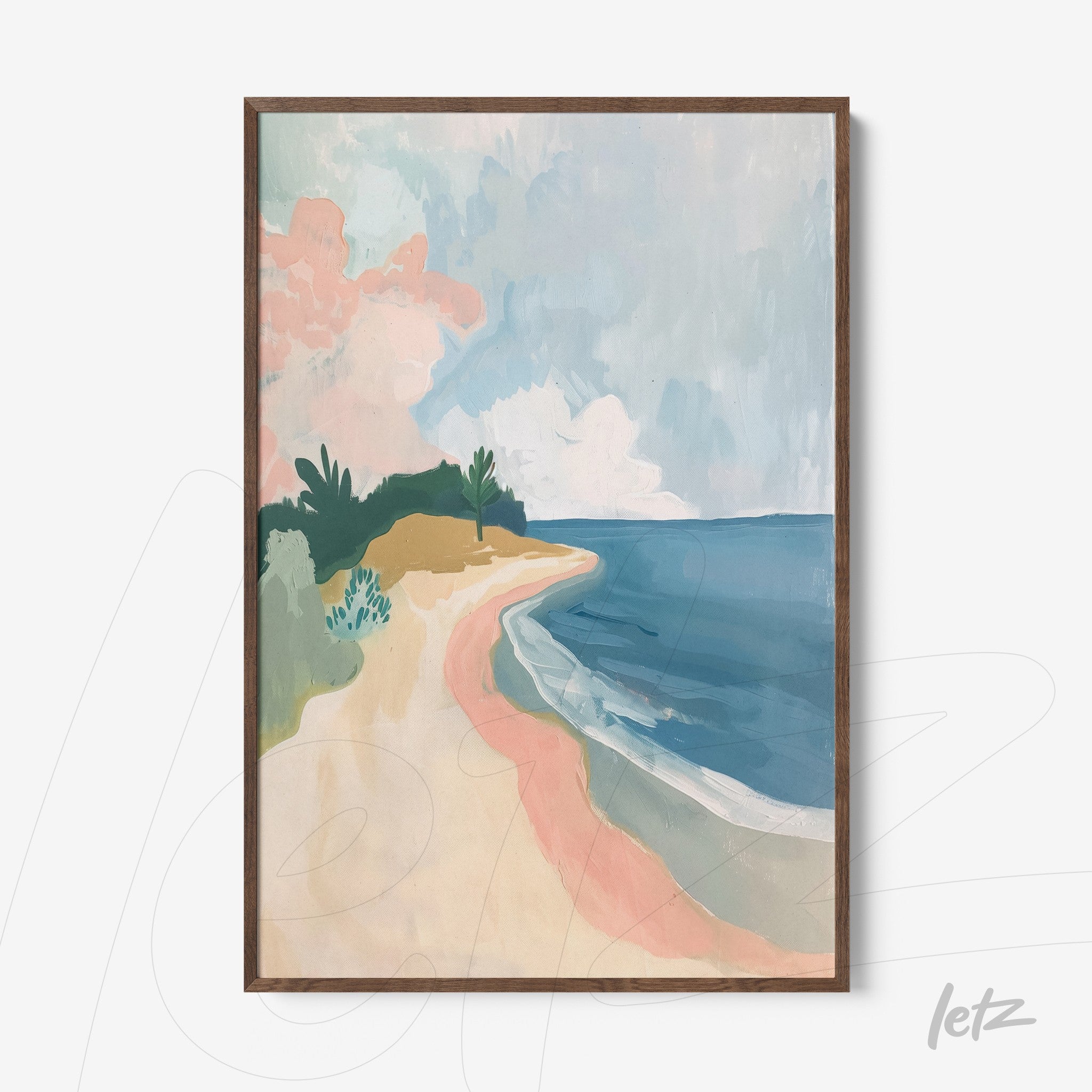 framed artwork depicting a pastel beach landscape with dark wood frame