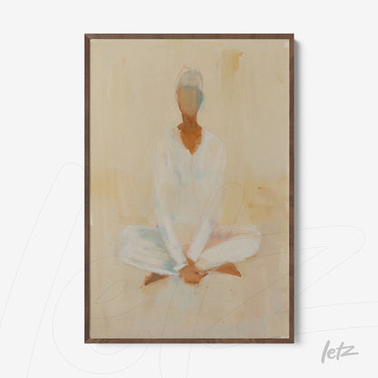 abstract artwork featuring a meditating figure in soft tones with dark wood frame
