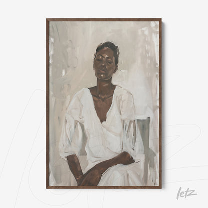 framed artwork of a serene woman in white blouse with dark wood frame