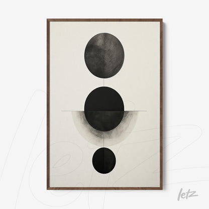 framed abstract wall art in black and white featuring vertically arranged circular shapes