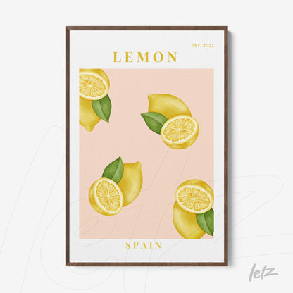 framed wall art featuring yellow lemons on a pink background with a light brown frame
