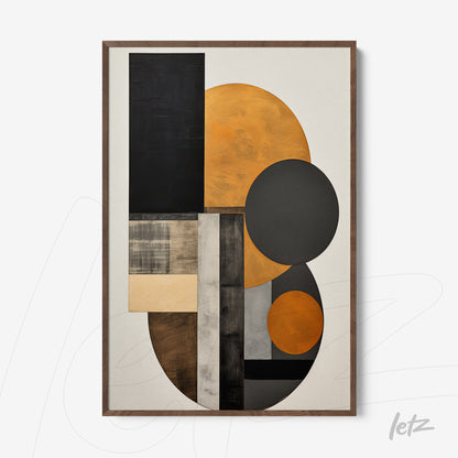 framed abstract wall art featuring black, orange, and gray shapes with a light wood frame