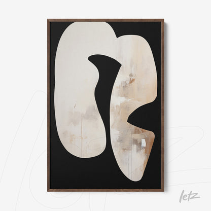 abstract art piece featuring fluid shapes in neutral tones on black background in dark wooden frame