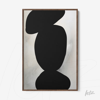 framed abstract art piece featuring black geometric shapes on a light background with dark wood frame