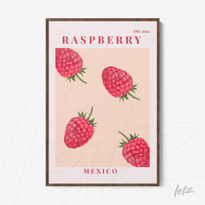 framed wall art featuring raspberries on a neutral background with dark wood frame
