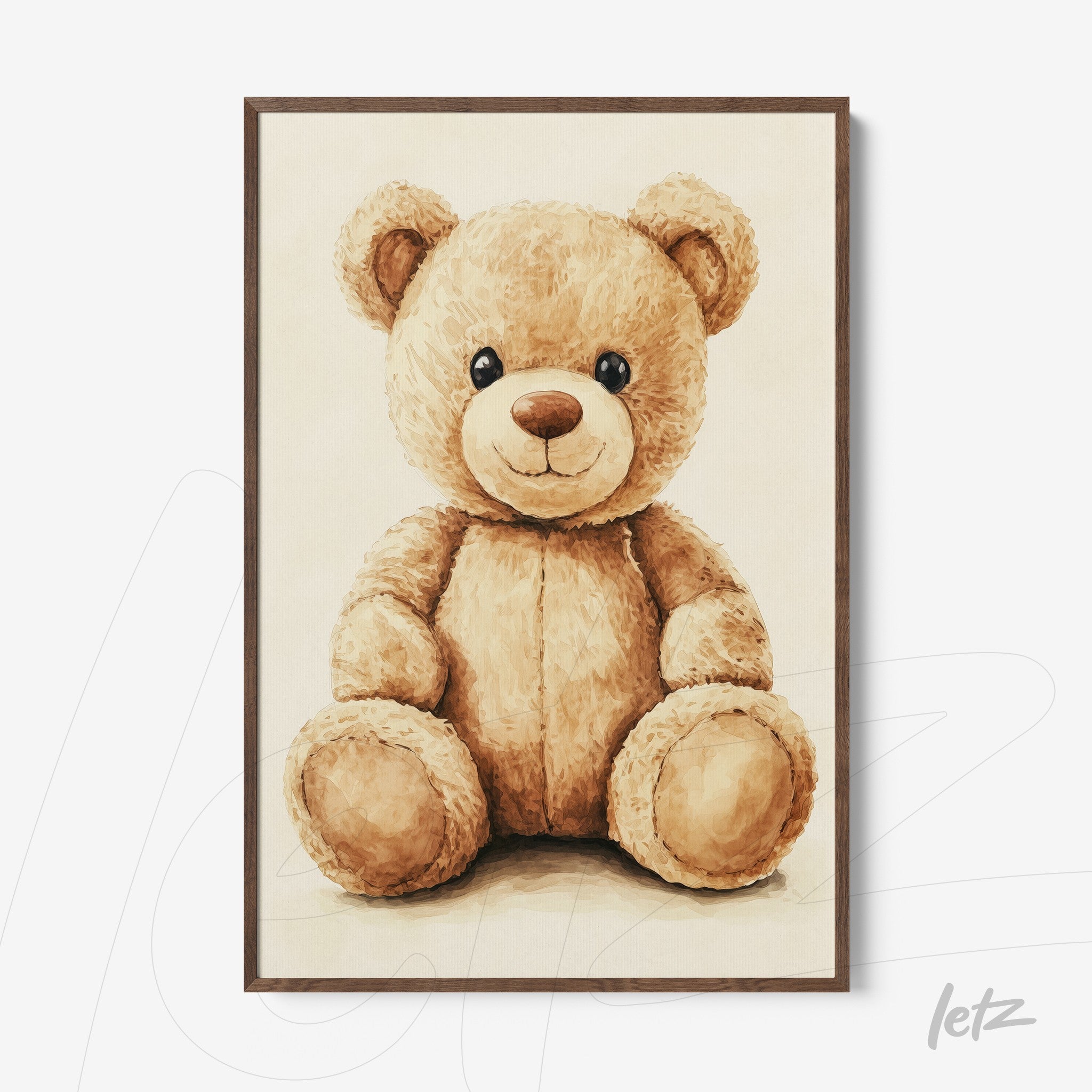 teddy bear framed art with brown frame on beige background