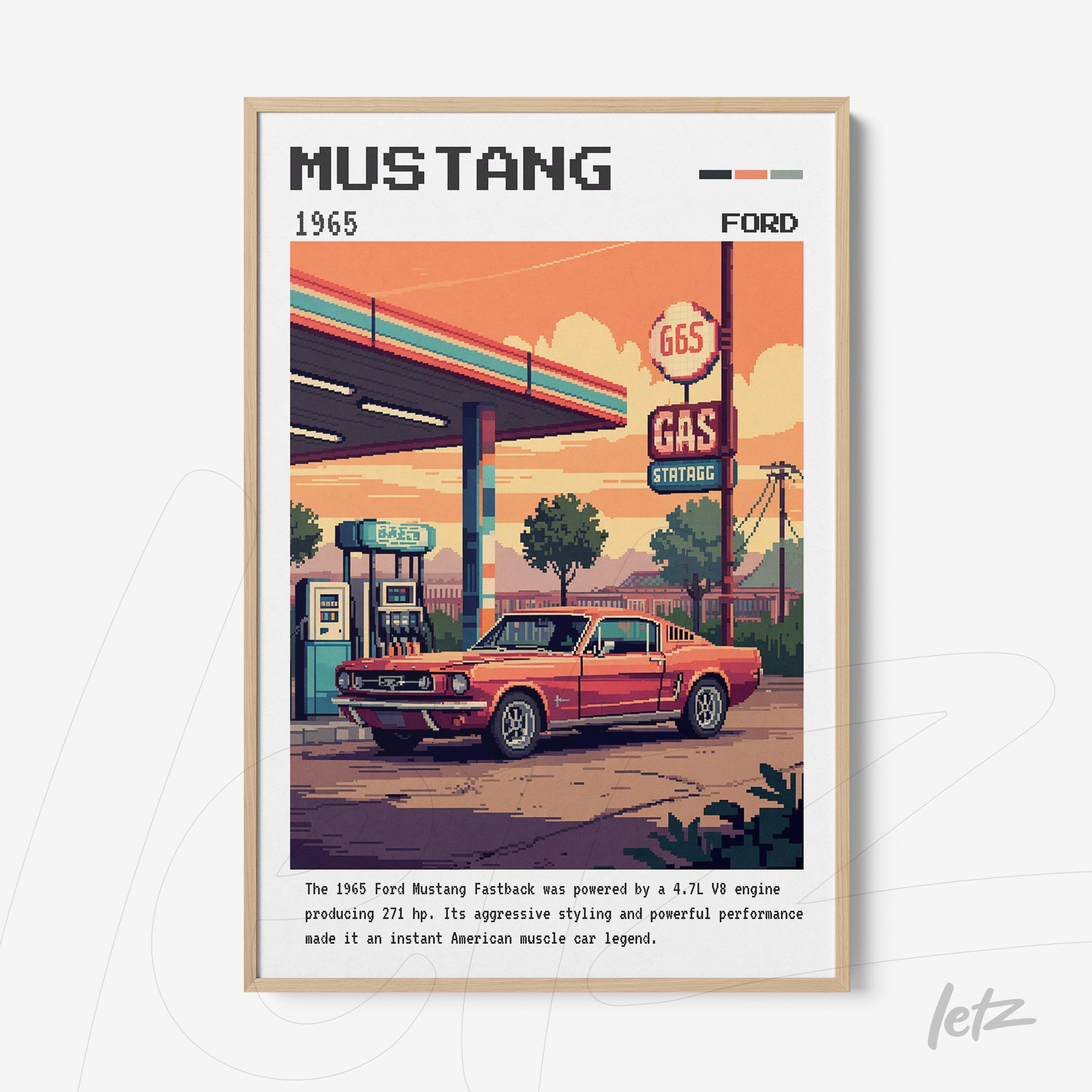 pixel art framed print of a 1965 Ford Mustang at a vintage gas station with a light frame