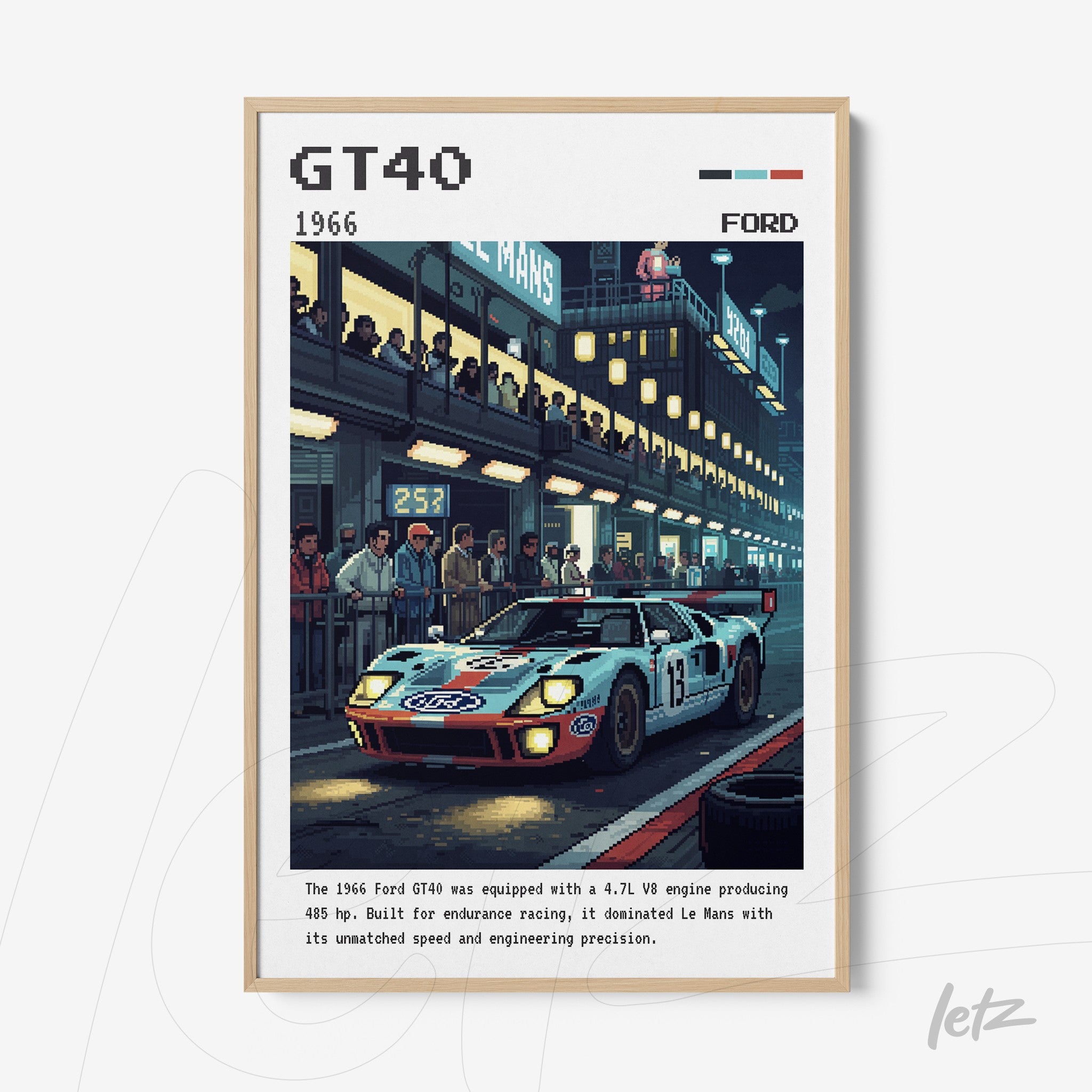 framed wall art featuring a digital illustration of a Ford GT40 racing car with light wood frame, set against a night race scene filled with excited spectators
