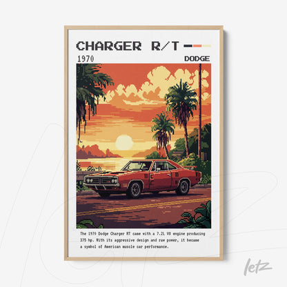 framed retro illustration of a 1970 Dodge Charger R/T against a tropical sunset background with a light frame