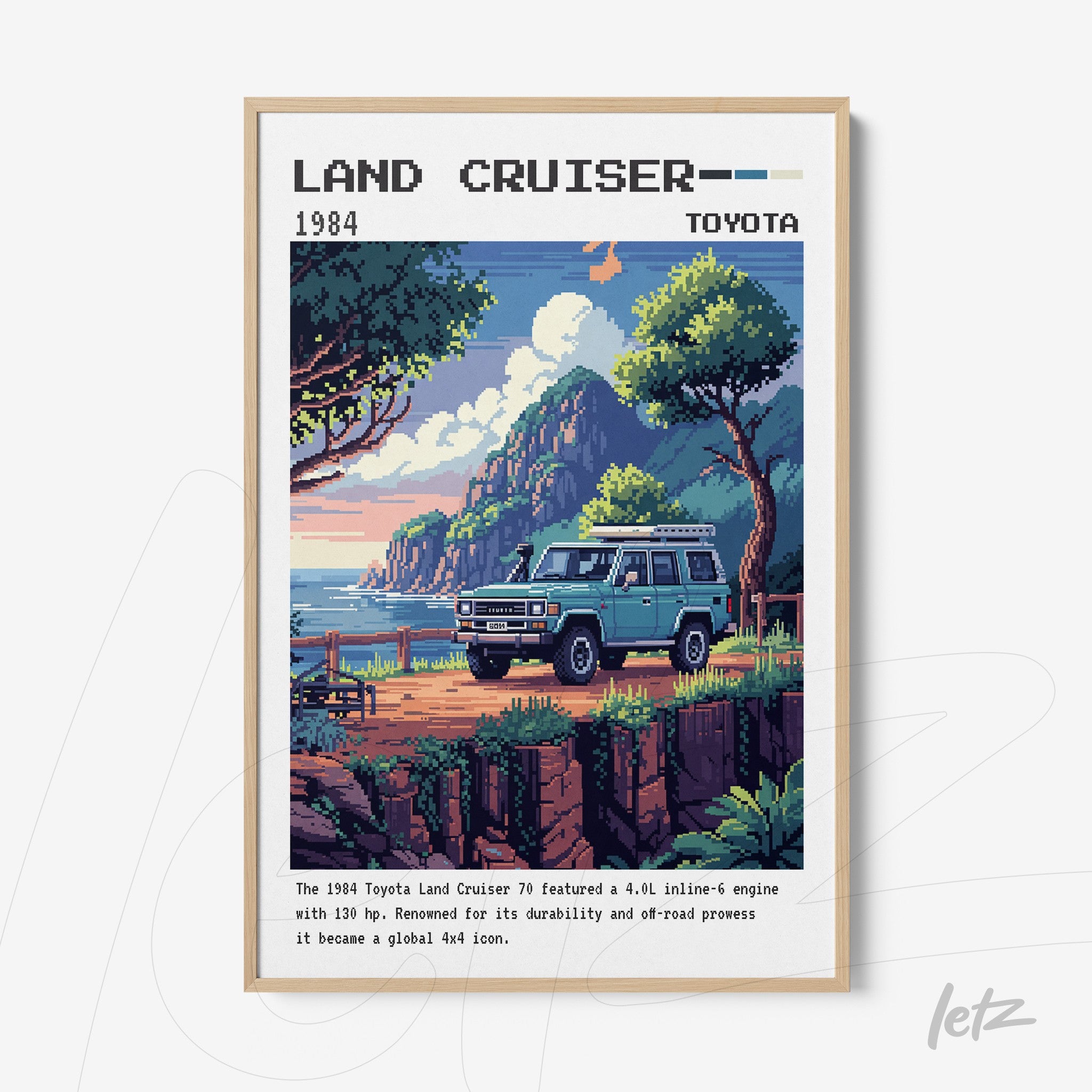framed pixel art of the 1984 Toyota Land Cruiser set in a natural landscape featuring mountains and coastline