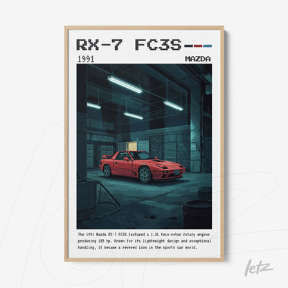 framed artwork of the 1991 Mazda RX-7 FC3S sports car in a garage setting