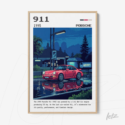 retro style wall art featuring a red Porsche 911 car reflected in a puddle with a light wood frame
