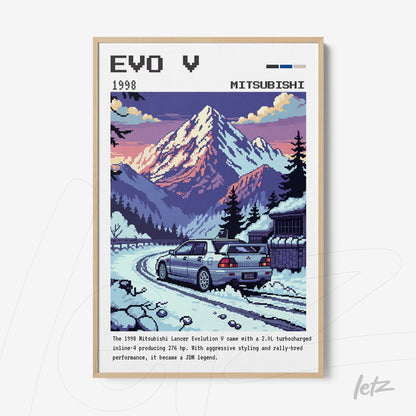 pixel art framed print of the 1998 Mitsubishi Lancer Evolution V on a mountainous road with sunset background, light wooden frame