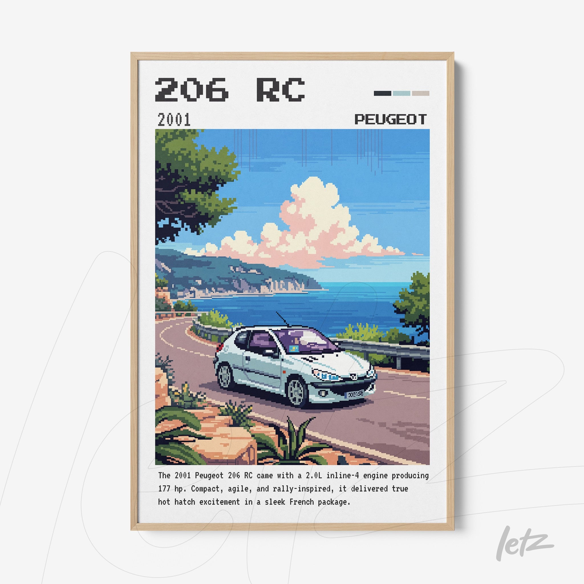framed digital artwork of a Peugeot 206 RC on a coastal road with mountains in the background and light frame
