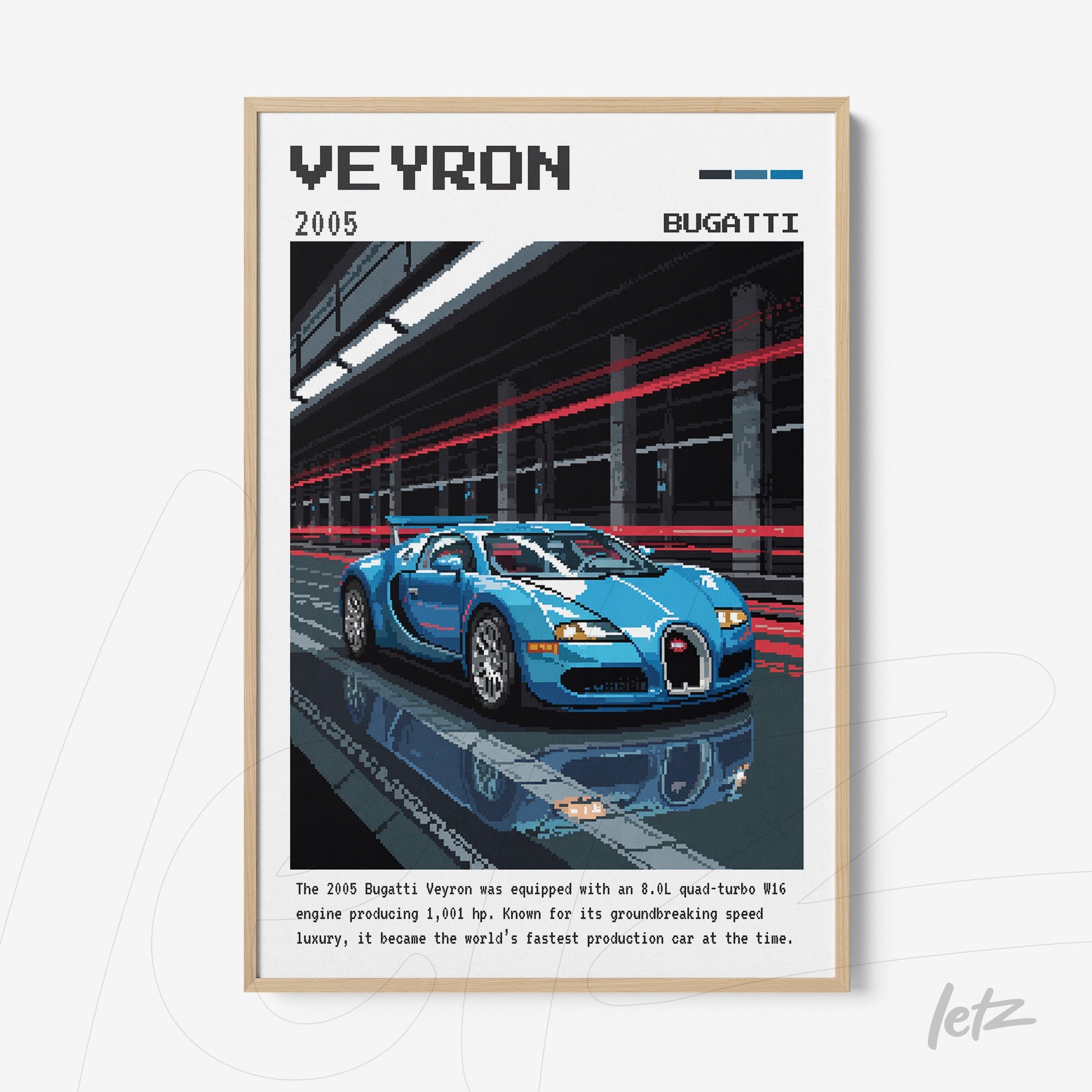 framed wall art featuring pixelated digital illustration of a Bugatti Veyron car in light frame