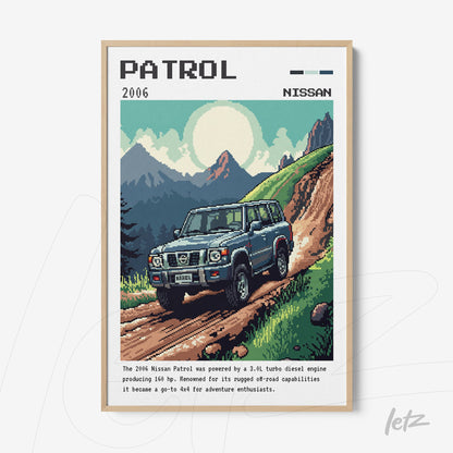framed wall art featuring pixel art of a 2006 Nissan Patrol on a mountainous road