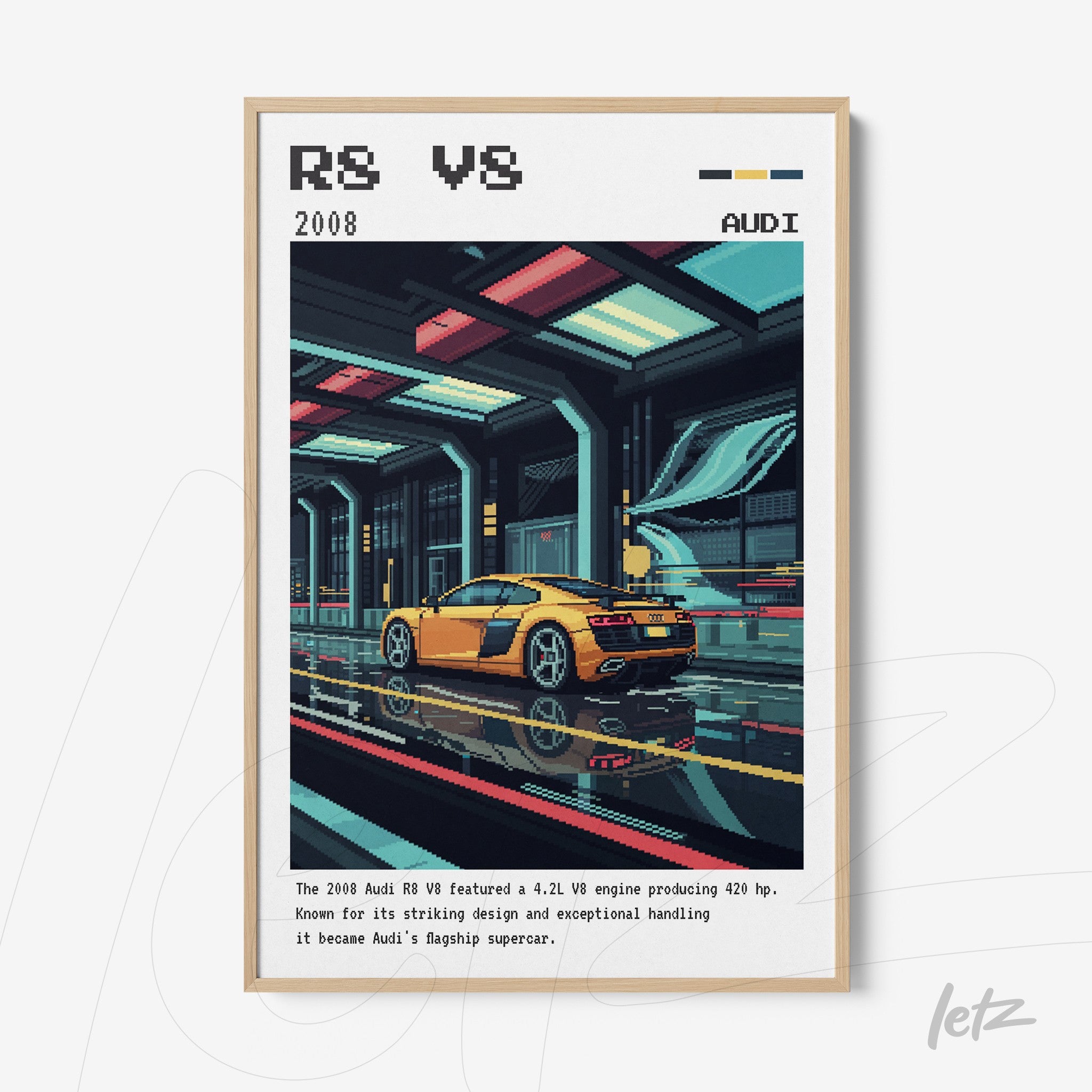 framed digital artwork of the Audi R8 sports car in a sleek garage setting
