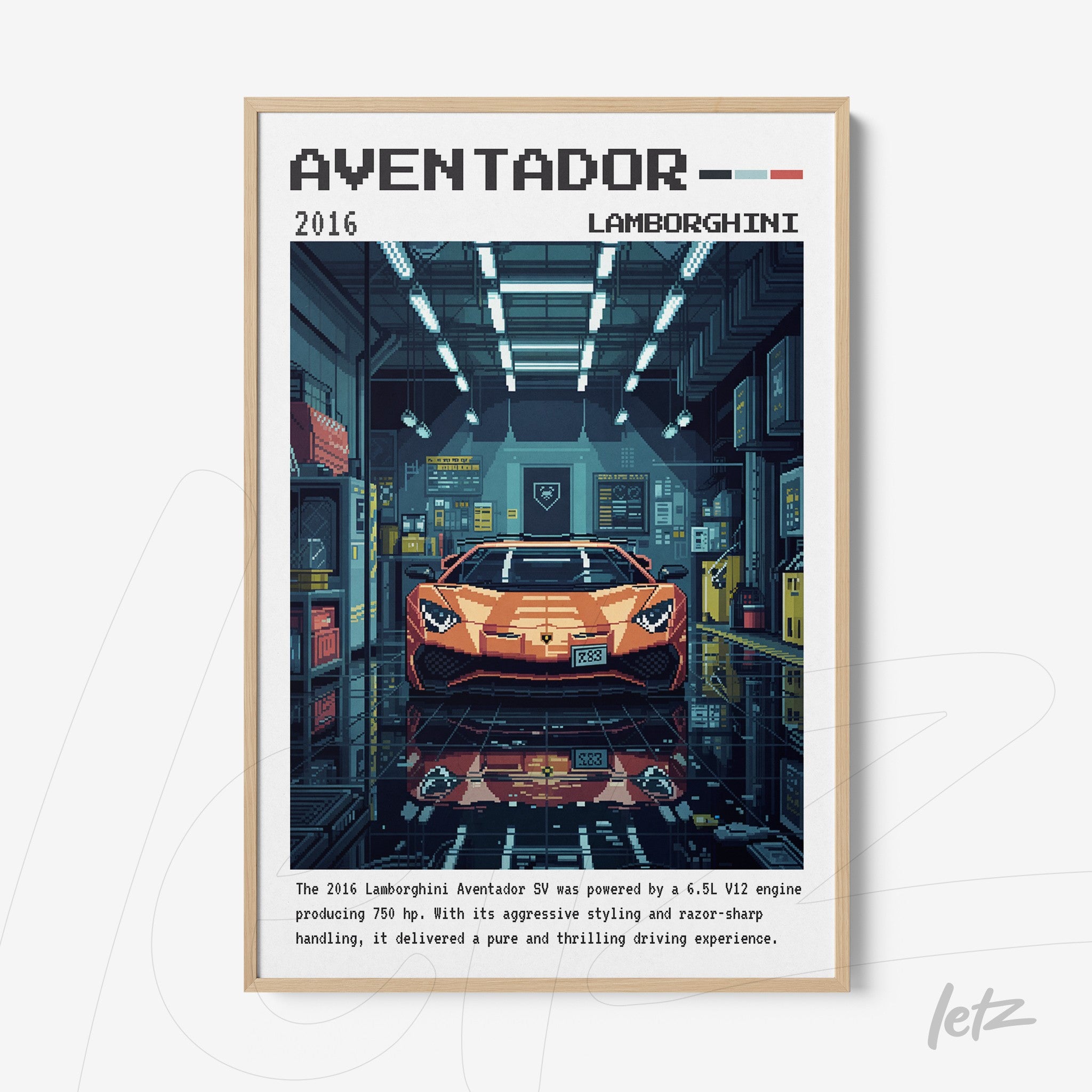 framed digital art of 2016 Lamborghini Aventador in light wood frame