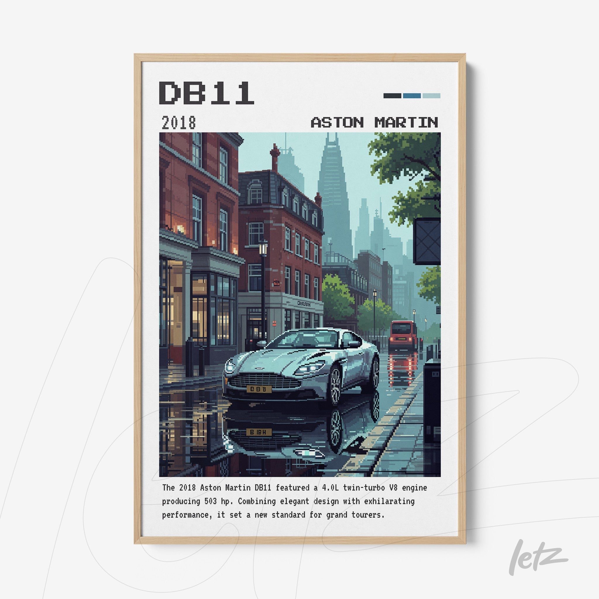 framed pixel art of an aston martin db11 in a cityscape with a light frame