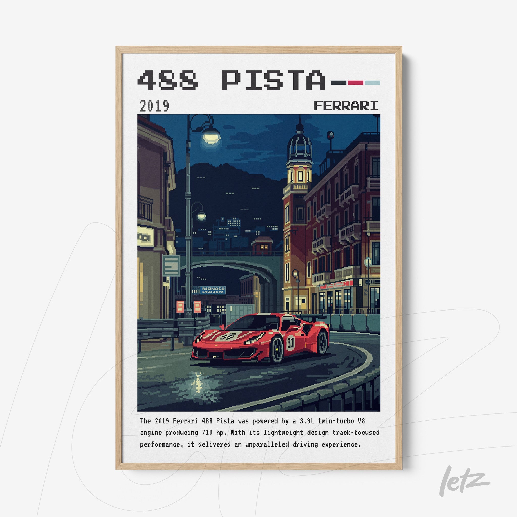 digital artwork of Ferrari 488 Pista in a nighttime urban setting with light frame