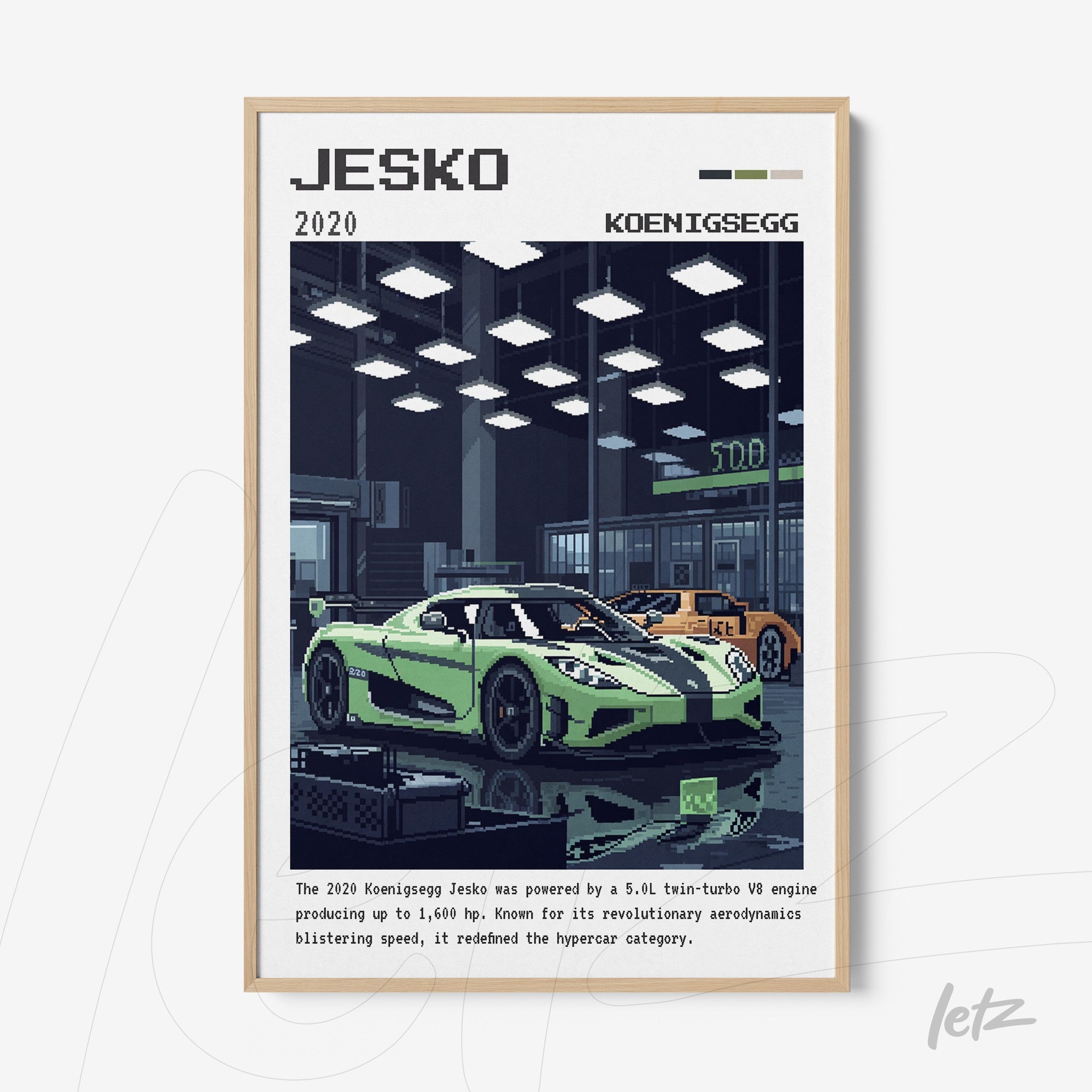 digital artwork of a Koenigsegg Jesko car in a futuristic garage setting with light wood frame
