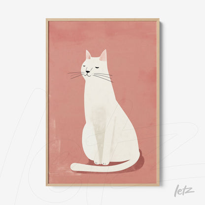 framed wall art featuring a minimalist illustration of a white cat on a pink background with light wood frame