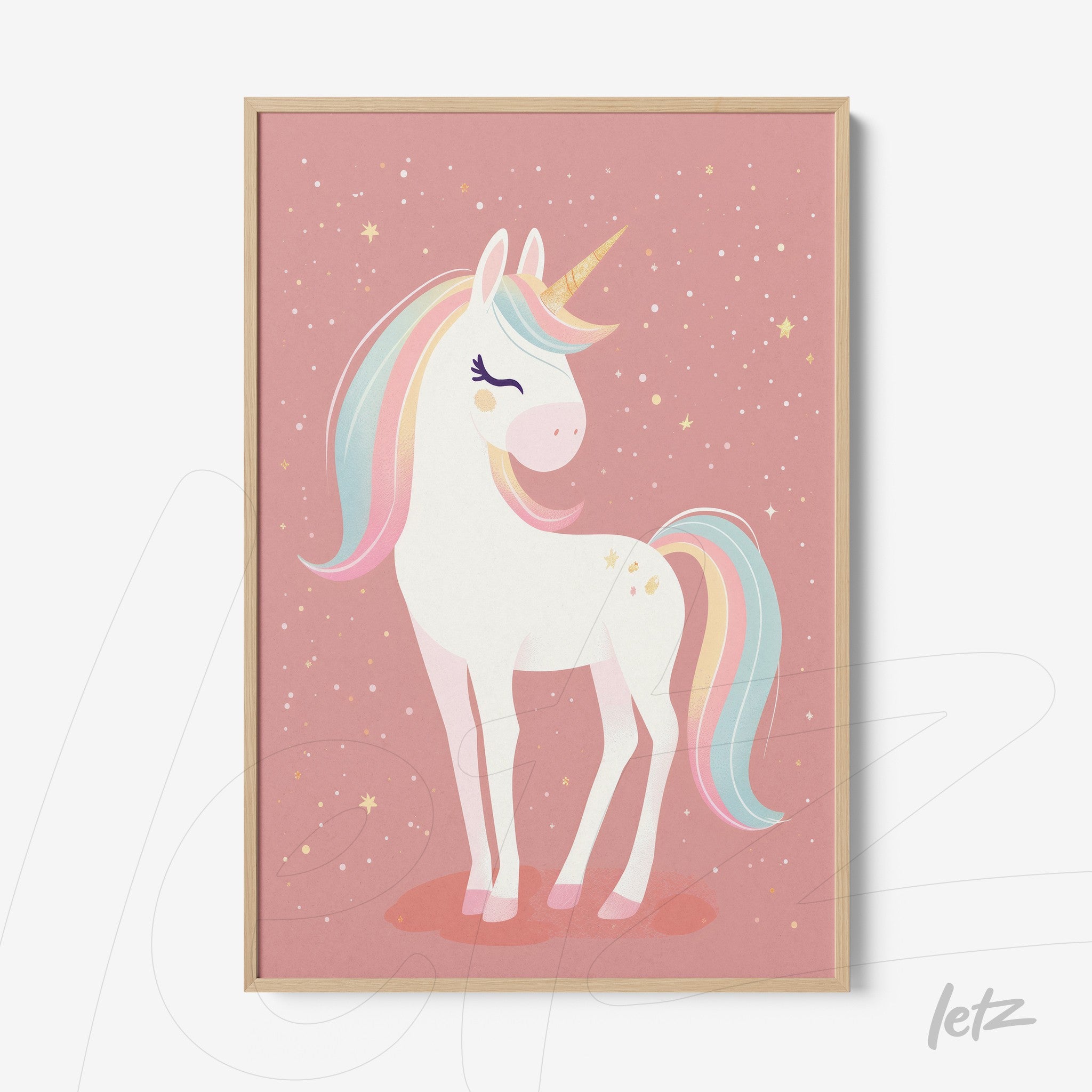 framed wall art featuring a unicorn illustration on a pink background with a light wood frame