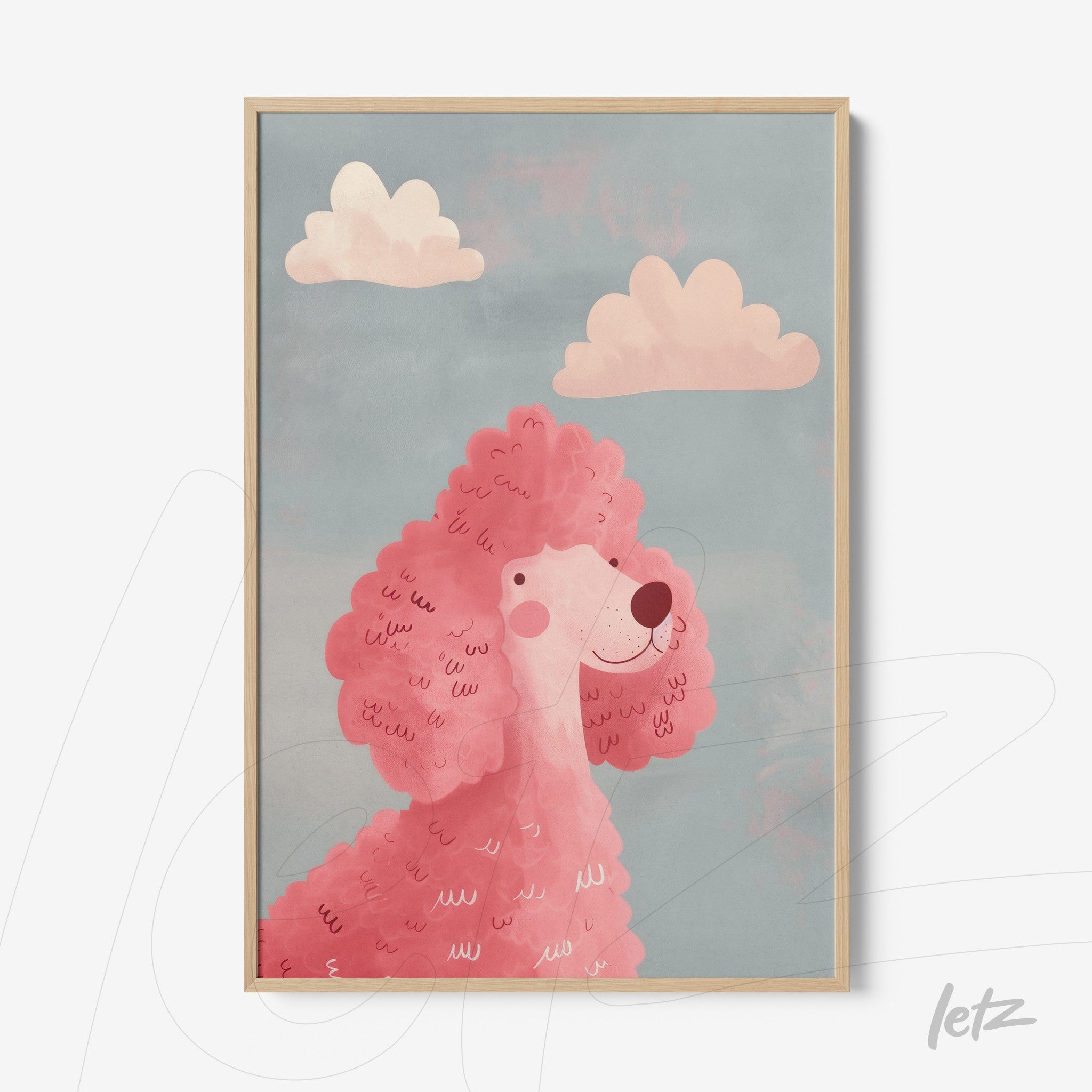 framed artwork featuring a pink poodle illustration against a light blue background with soft clouds